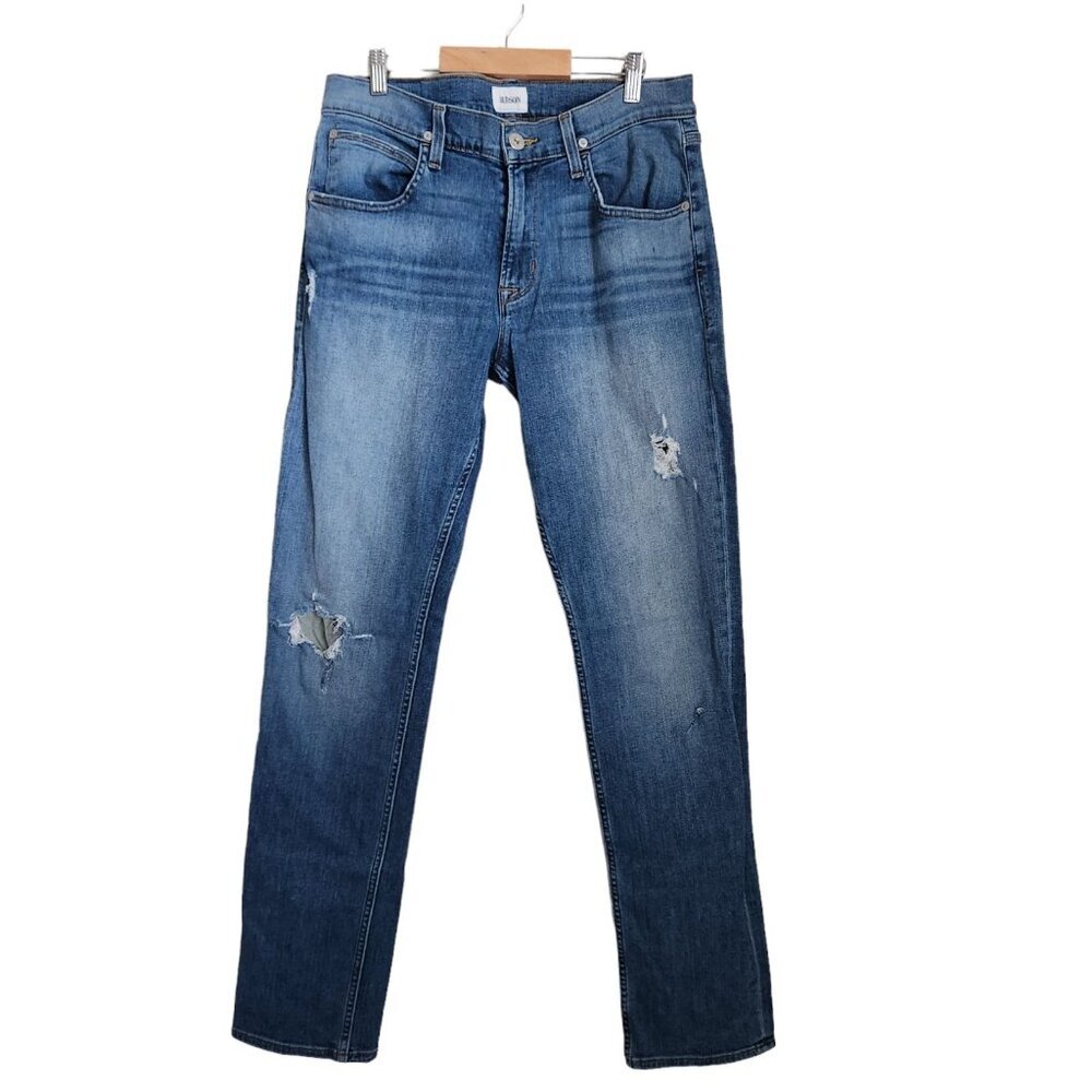 Hudson Blake Slim Fit Jeans Men's 33 Blue Denim Distressed Logo Straight Leg